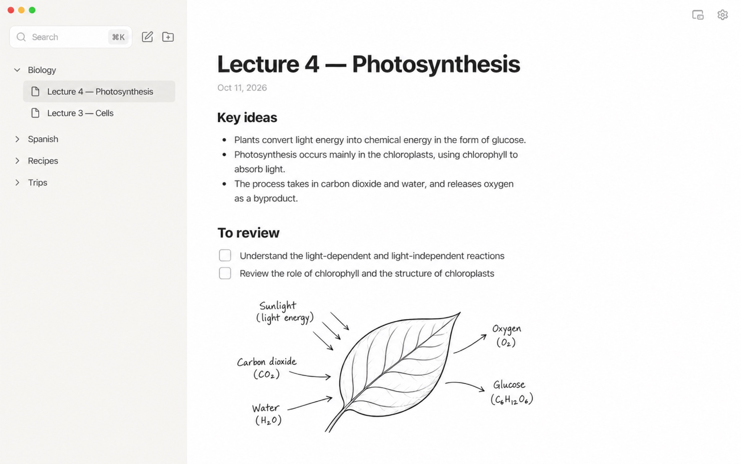 The Floate library window with subject folders in the sidebar and study notes open