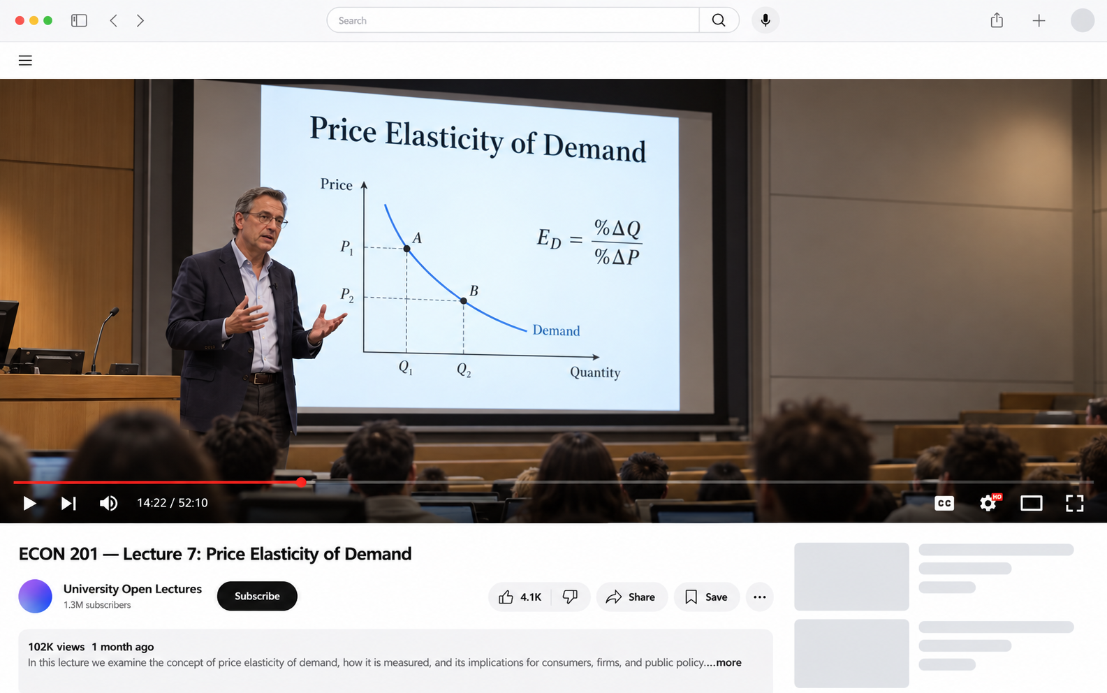An online university economics lecture playing on a Mac, with a Floate note floating on top